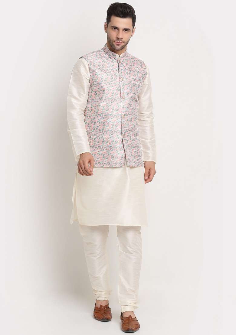 Cream And Green Solid Silk Blend Nehru Jacket Set For Men - Indya