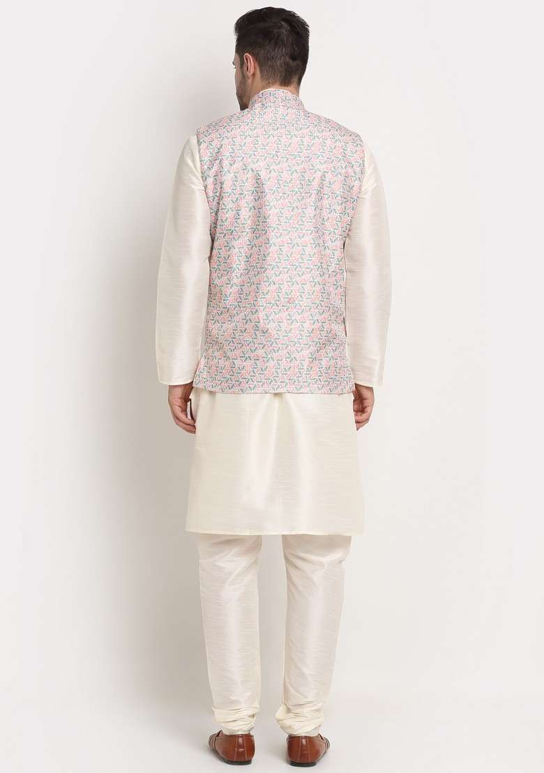 Cream And Green Solid Silk Blend Nehru Jacket Set For Men - Indya