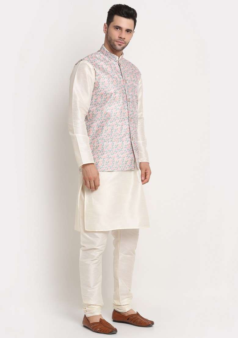 Cream And Green Solid Silk Blend Nehru Jacket Set For Men - Indya