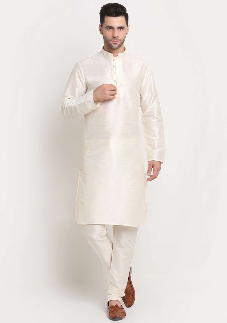 Cream And Green Solid Silk Blend Nehru Jacket Set For Men - Indya