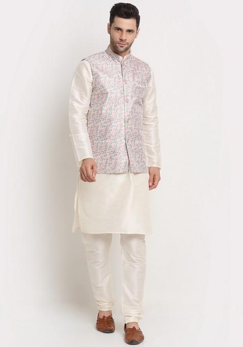 Cream And Green Solid Silk Blend Nehru Jacket Set For Men