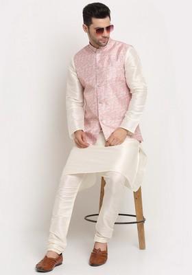 Cream And Pink Solid Silk Blend Nehru Jacket Set For Men