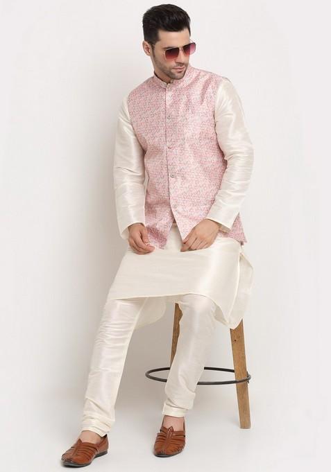 Cream And Pink Solid Silk Blend Nehru Jacket Set For Men