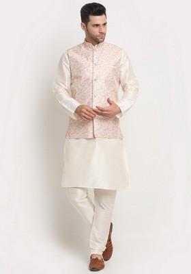 Cream And Yellow Solid Silk Blend Nehru Jacket Set For Men