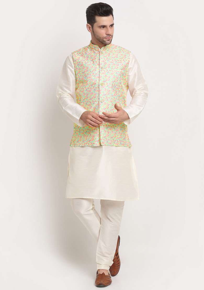 Cream And Yellow Solid Silk Blend Nehru Jacket Set For Men - Indya