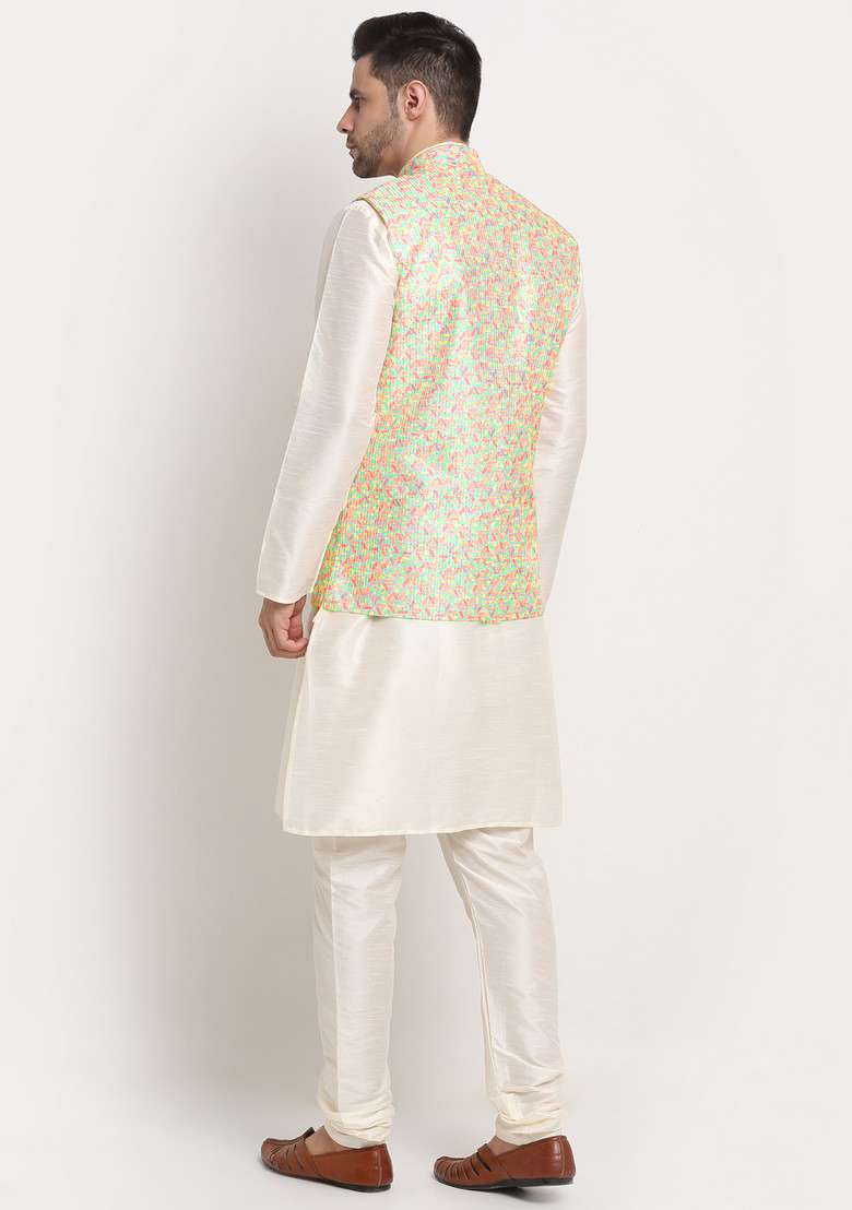 Cream And Yellow Solid Silk Blend Nehru Jacket Set For Men - Indya