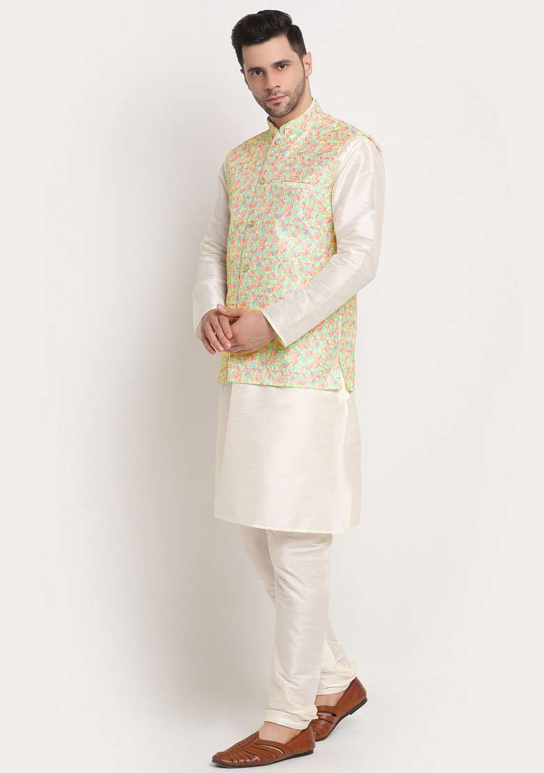 Cream And Yellow Solid Silk Blend Nehru Jacket Set For Men - Indya