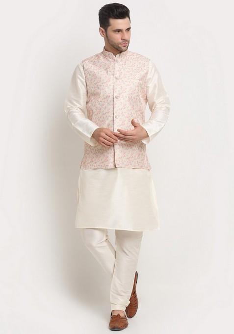 Cream And Yellow Solid Silk Blend Nehru Jacket Set For Men