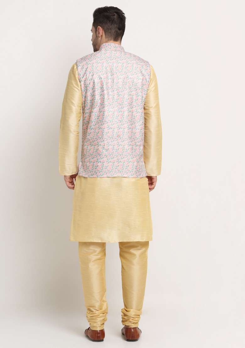 Fawn And Green Solid Silk Blend Nehru Jacket Set For Men - Indya