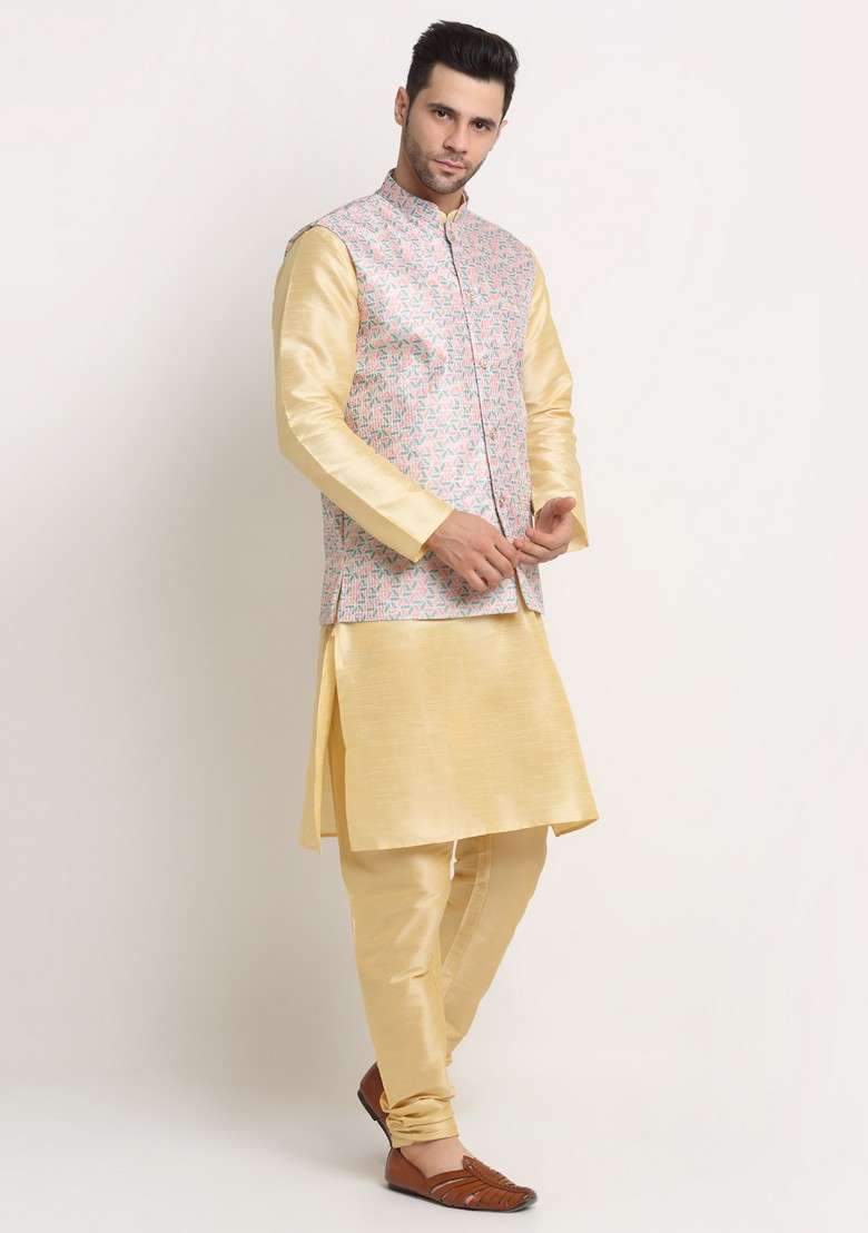 Fawn And Green Solid Silk Blend Nehru Jacket Set For Men - Indya