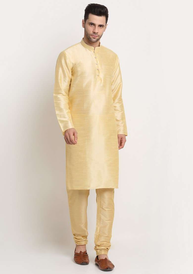 Fawn And Green Solid Silk Blend Nehru Jacket Set For Men - Indya