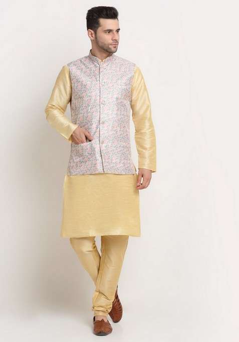 Fawn And Green Solid Silk Blend Nehru Jacket Set For Men