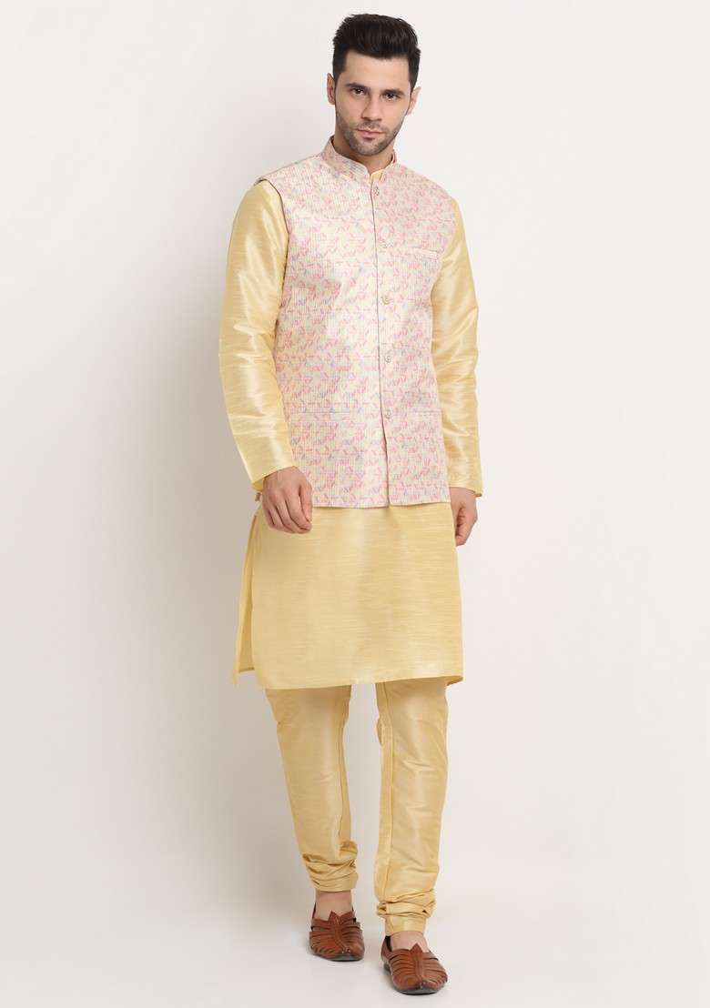 Fawn And Yellow Solid Silk Blend Nehru Jacket Set For Men - Indya