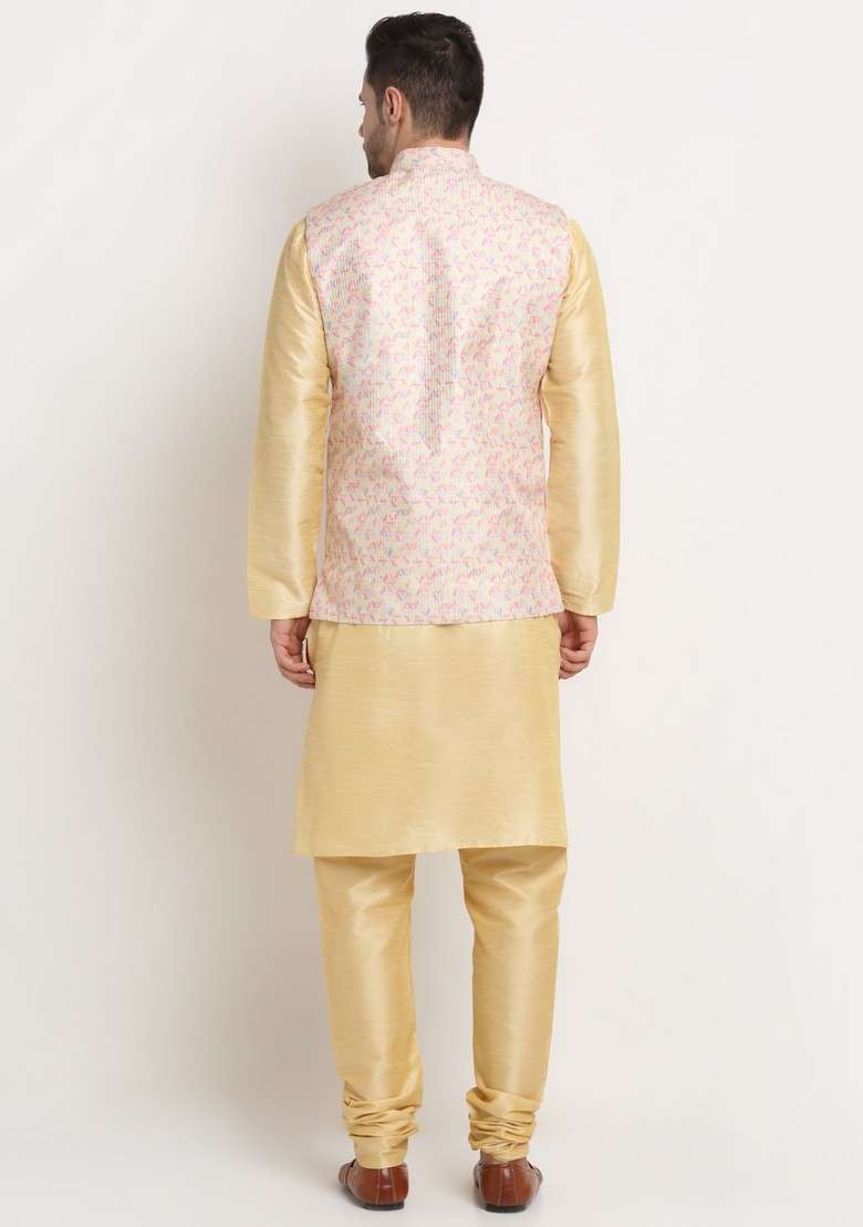 Fawn And Yellow Solid Silk Blend Nehru Jacket Set For Men - Indya