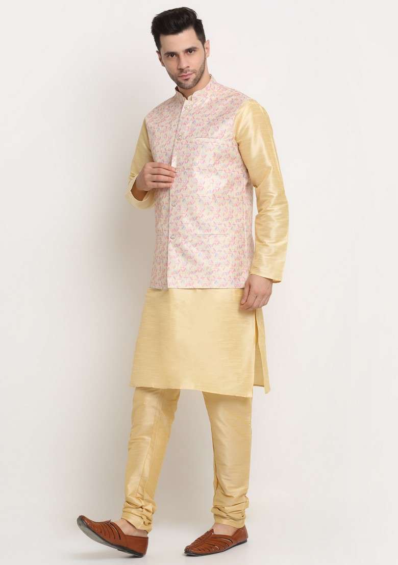 Fawn And Yellow Solid Silk Blend Nehru Jacket Set For Men - Indya