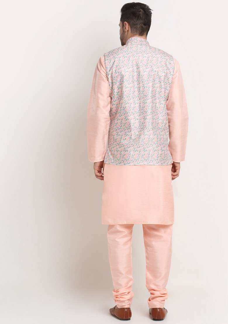 Peach And Green Solid Silk Blend Nehru Jacket Set For Men - Indya