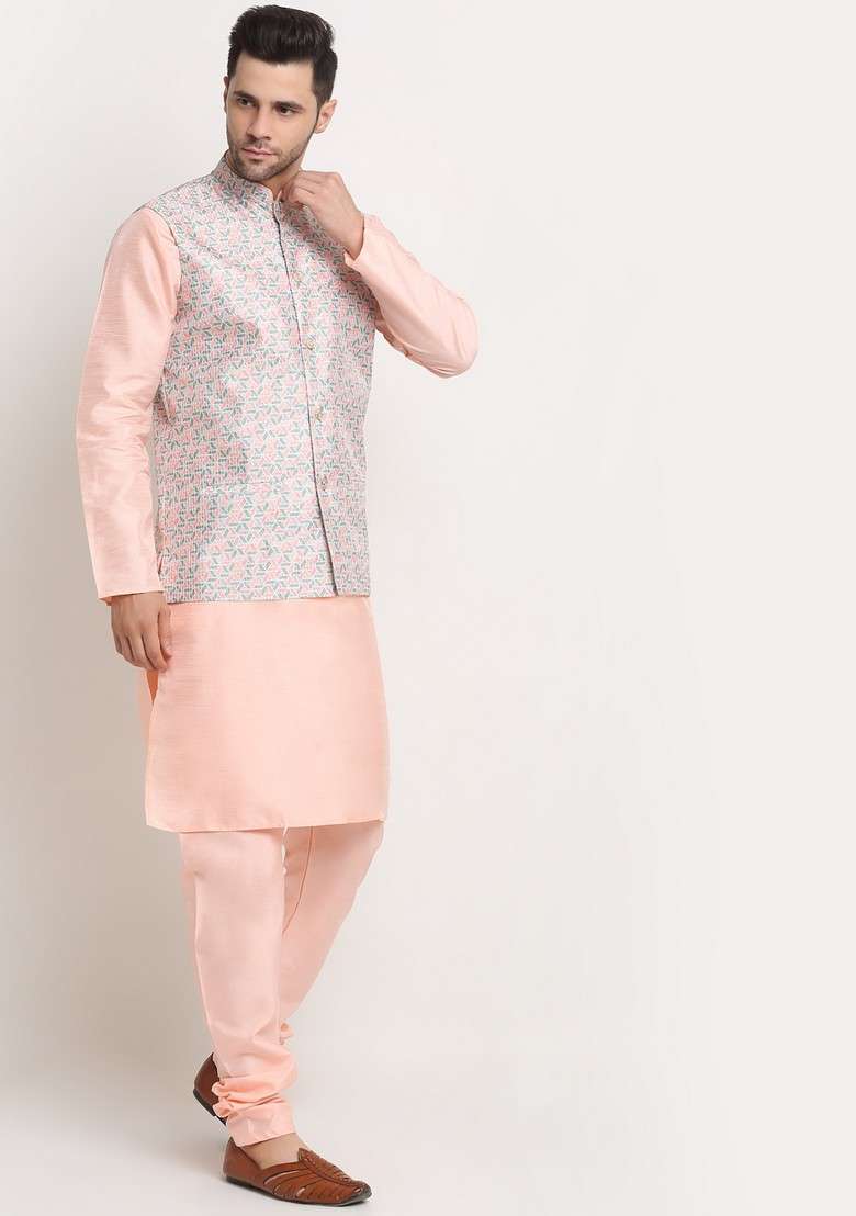 Peach And Green Solid Silk Blend Nehru Jacket Set For Men - Indya