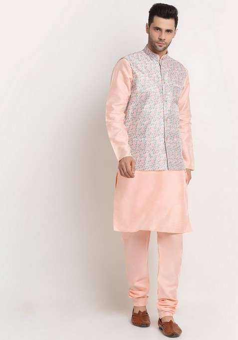 Peach And Green Solid Silk Blend Nehru Jacket Set For Men