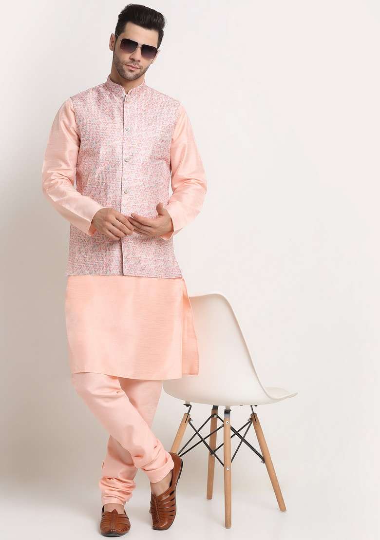 Peach And Pink Solid Silk Blend Nehru Jacket Set For Men - Indya