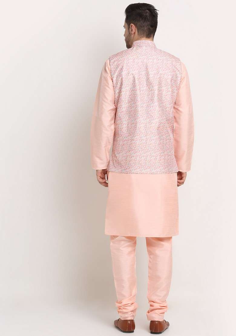 Peach And Pink Solid Silk Blend Nehru Jacket Set For Men - Indya