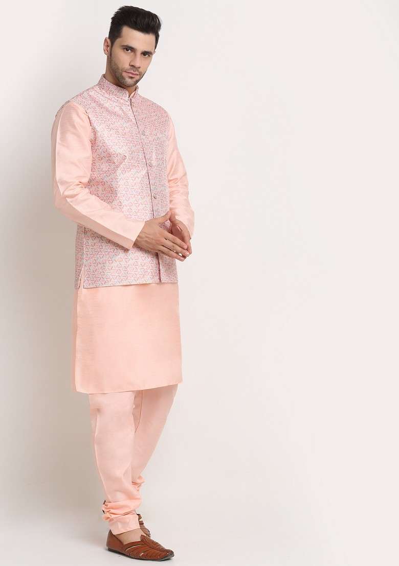 Peach And Pink Solid Silk Blend Nehru Jacket Set For Men - Indya