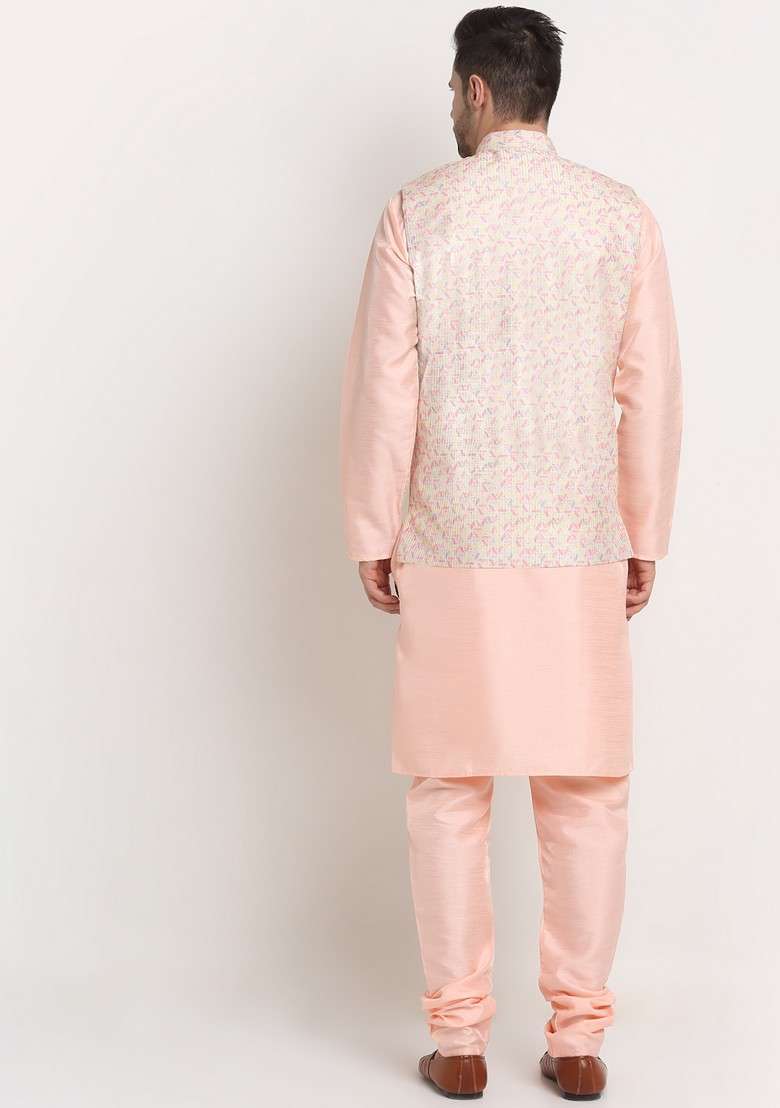Peach And Yellow Solid Silk Blend Nehru Jacket Set For Men - Indya