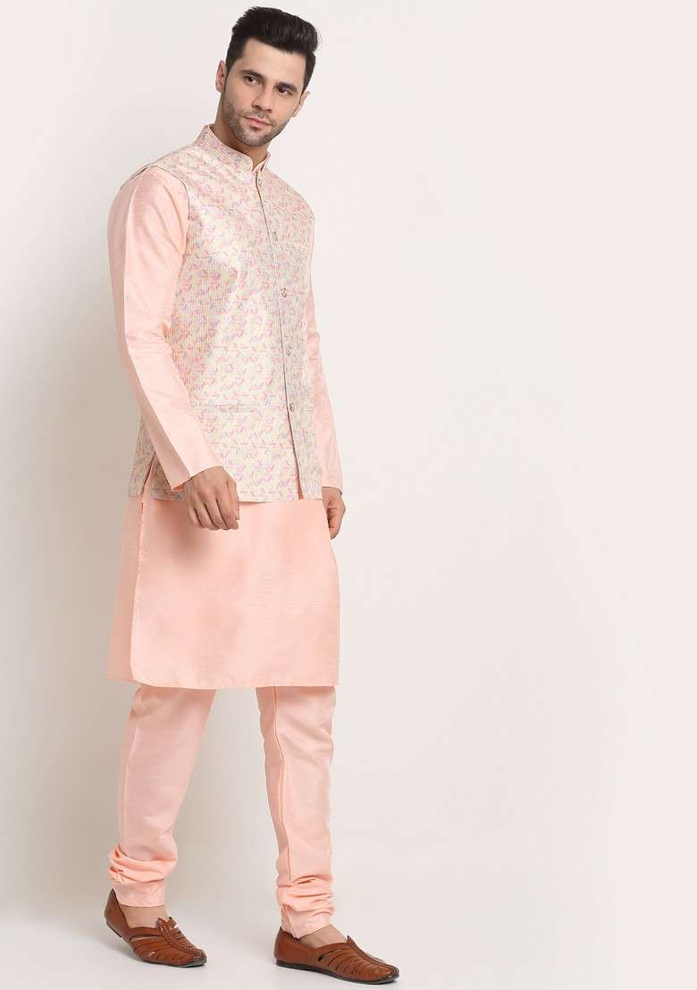 Peach And Yellow Solid Silk Blend Nehru Jacket Set For Men - Indya