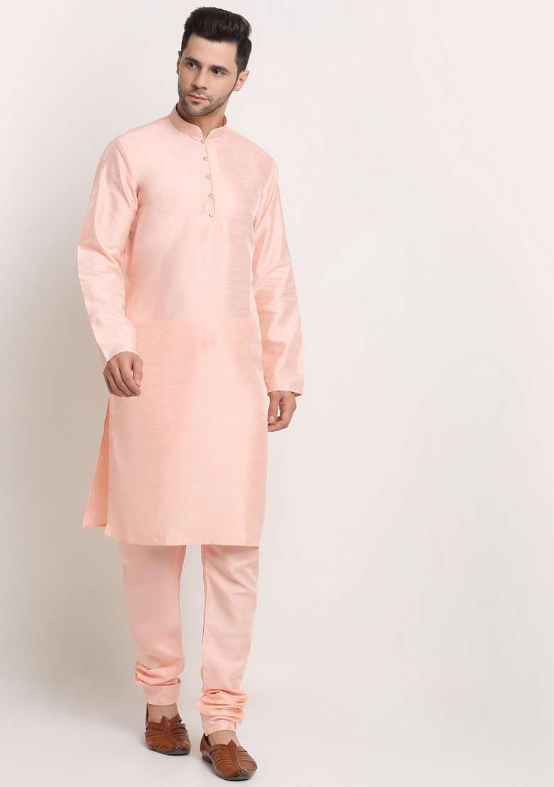 Peach And Yellow Solid Silk Blend Nehru Jacket Set For Men - Indya