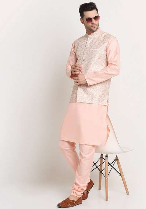 Peach And Yellow Solid Silk Blend Nehru Jacket Set For Men