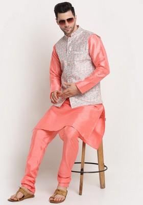 Pink And Green Solid Silk Blend Nehru Jacket Set For Men