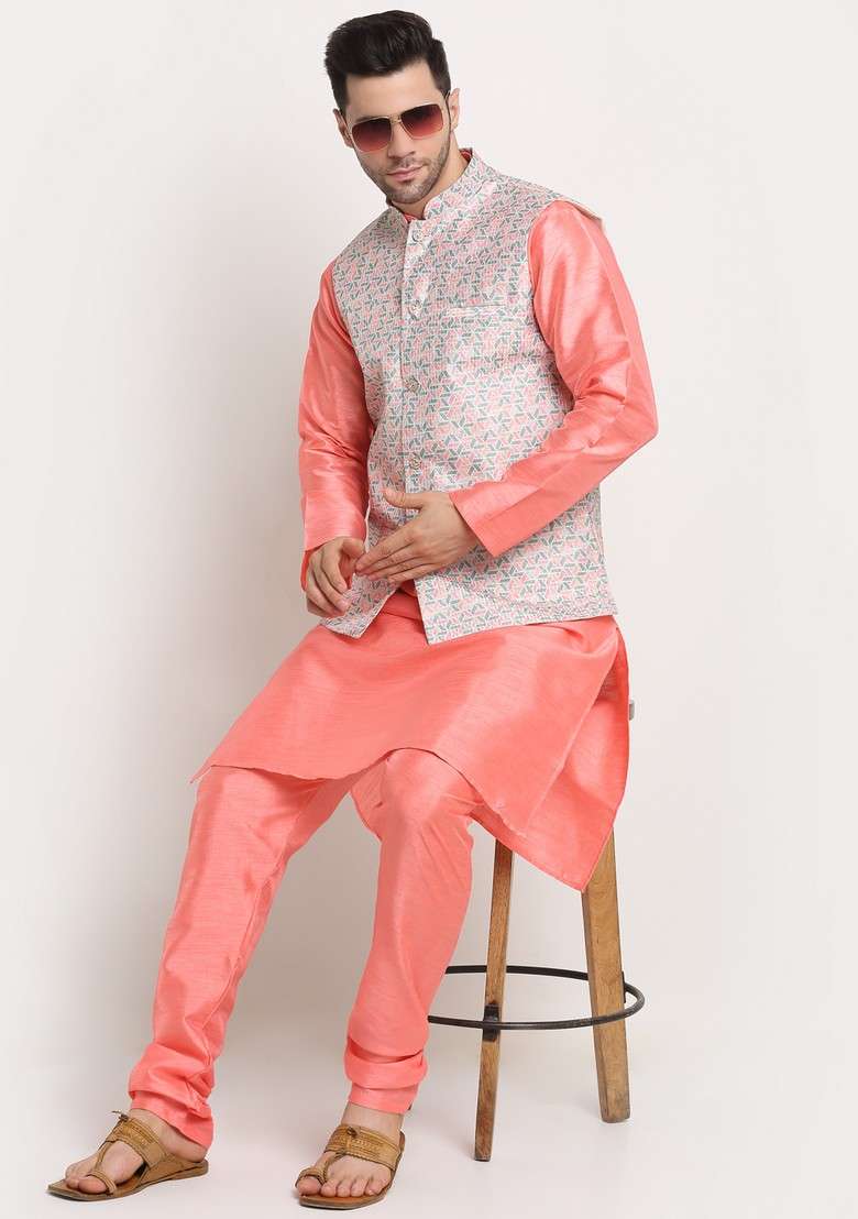 Pink And Green Solid Silk Blend Nehru Jacket Set For Men - Indya