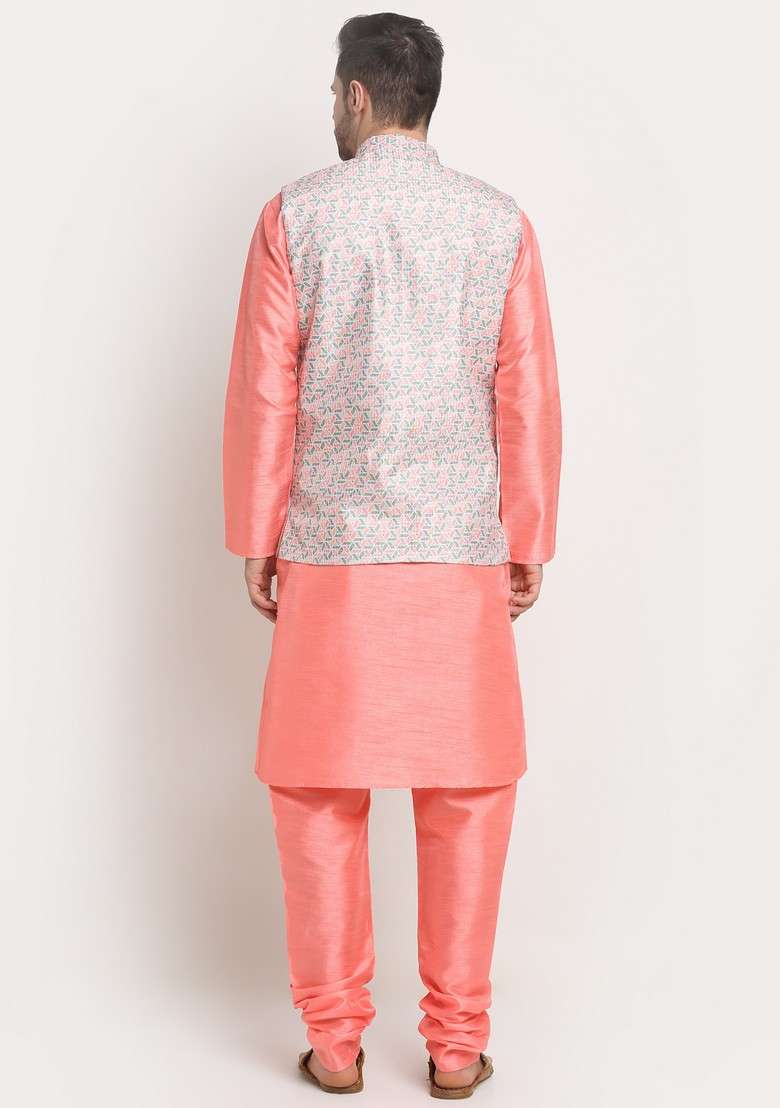 Pink And Green Solid Silk Blend Nehru Jacket Set For Men - Indya