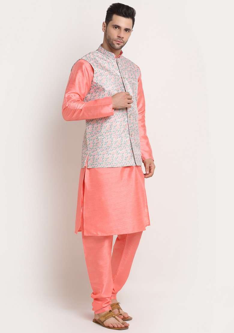 Pink And Green Solid Silk Blend Nehru Jacket Set For Men - Indya