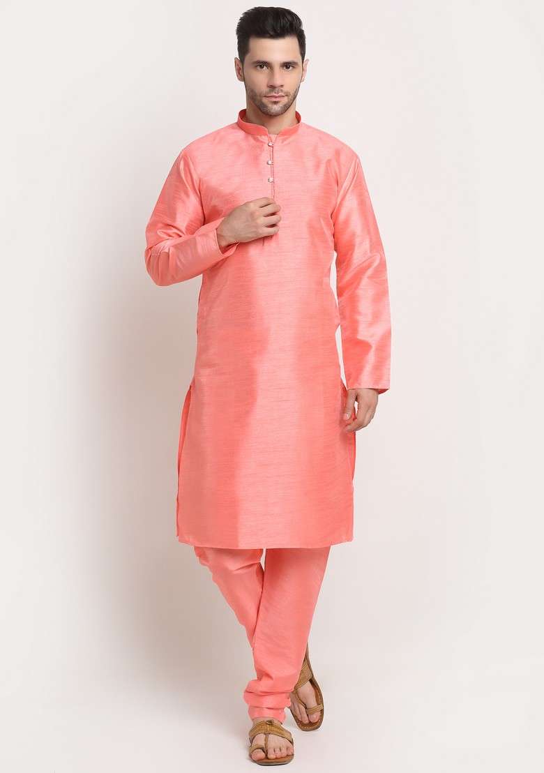 Pink And Green Solid Silk Blend Nehru Jacket Set For Men - Indya