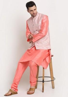Pink And Pink Solid Silk Blend Nehru Jacket Set For Men