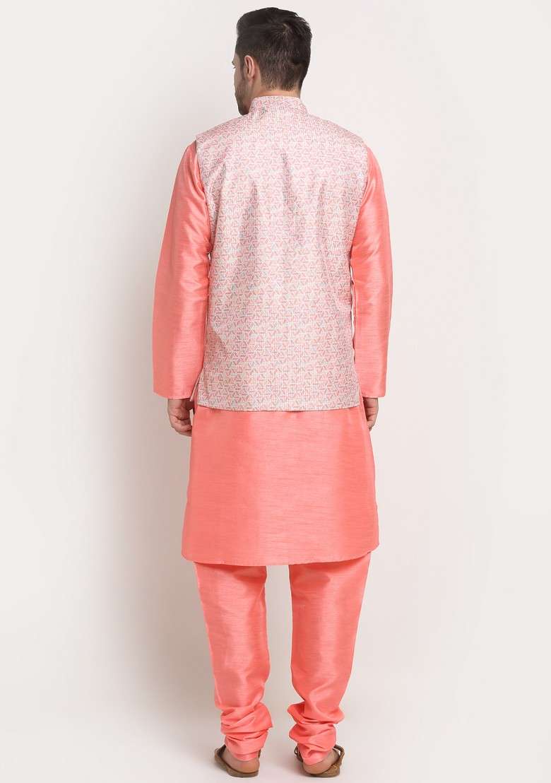 Pink And Pink Solid Silk Blend Nehru Jacket Set For Men - Indya