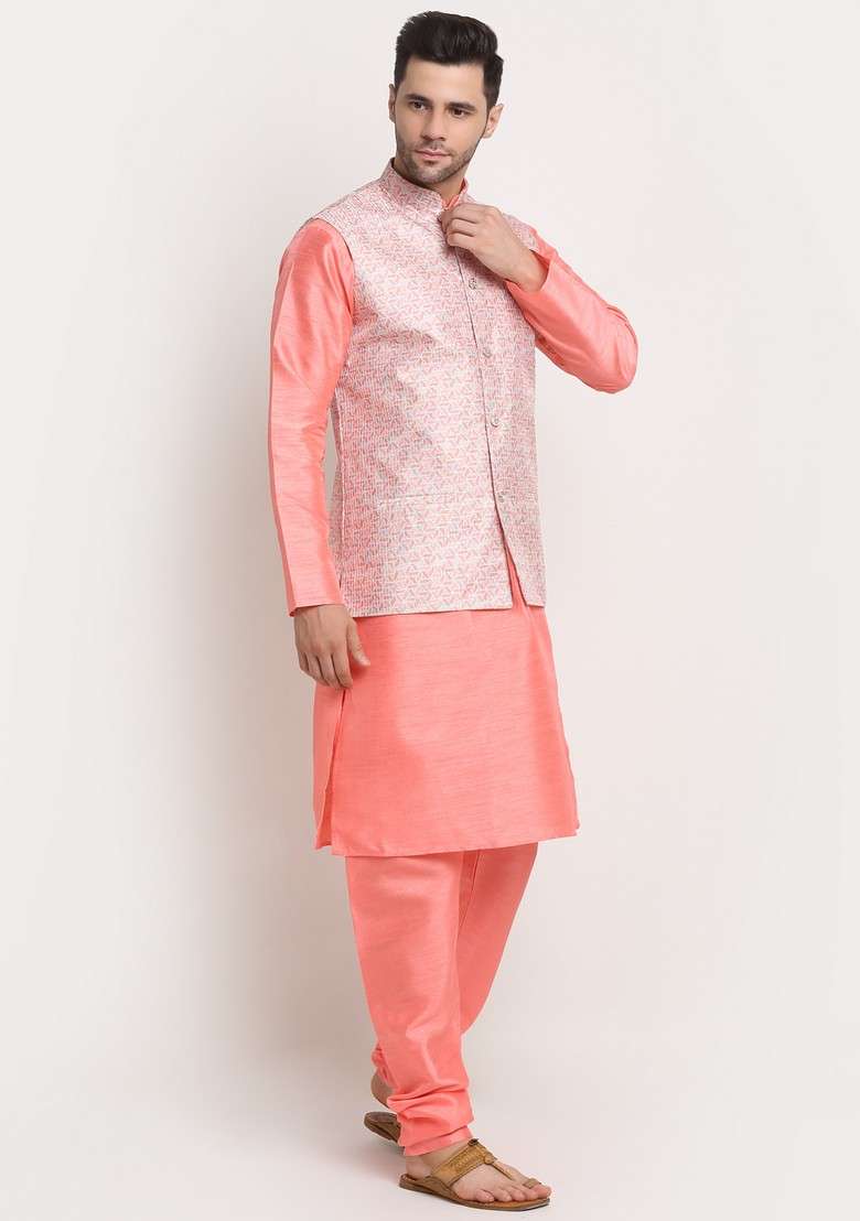 Pink And Pink Solid Silk Blend Nehru Jacket Set For Men - Indya