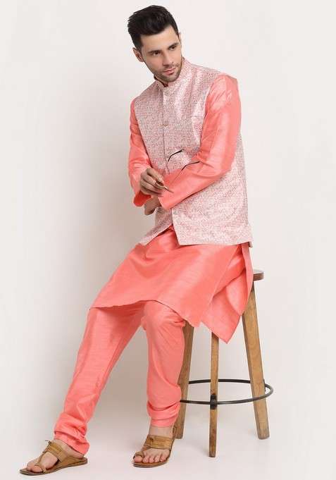 Pink And Pink Solid Silk Blend Nehru Jacket Set For Men