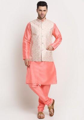 Pink And Yellow Solid Silk Blend Nehru Jacket Set For Men