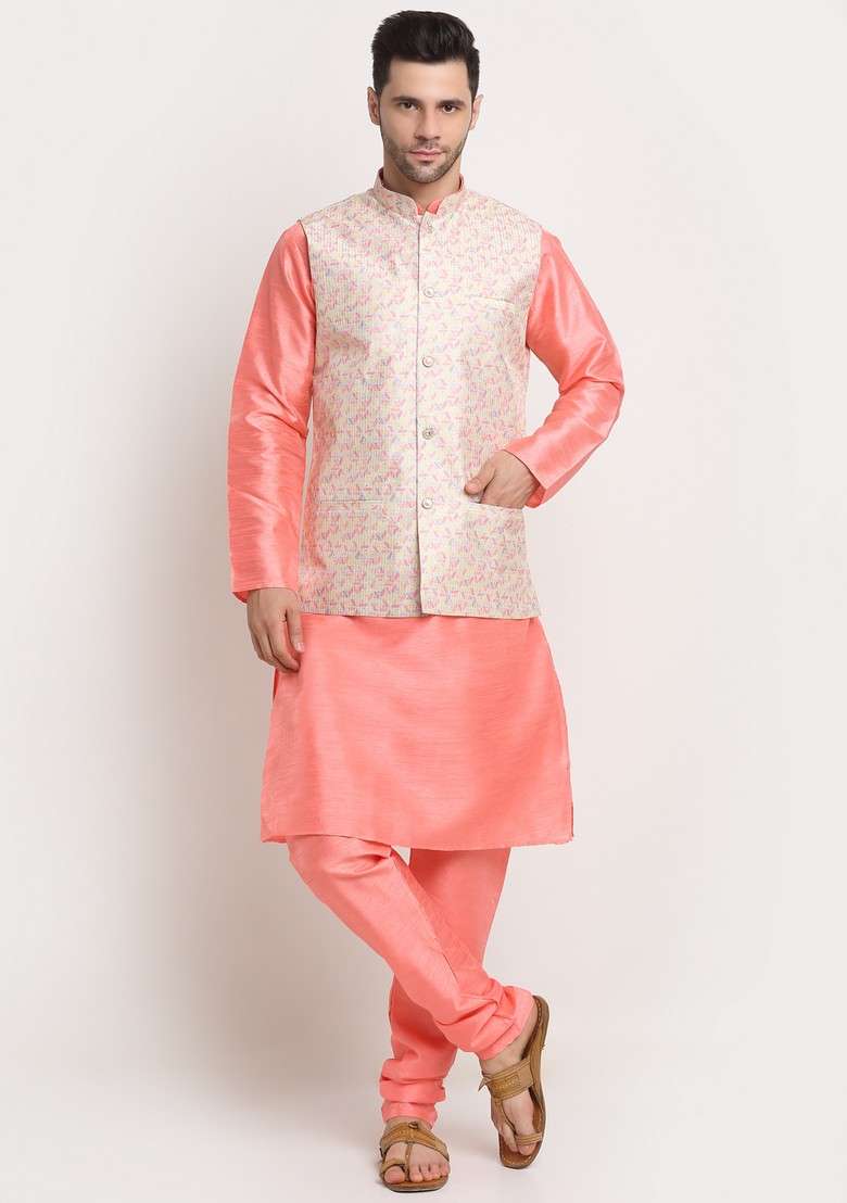 Pink And Yellow Solid Silk Blend Nehru Jacket Set For Men - Indya