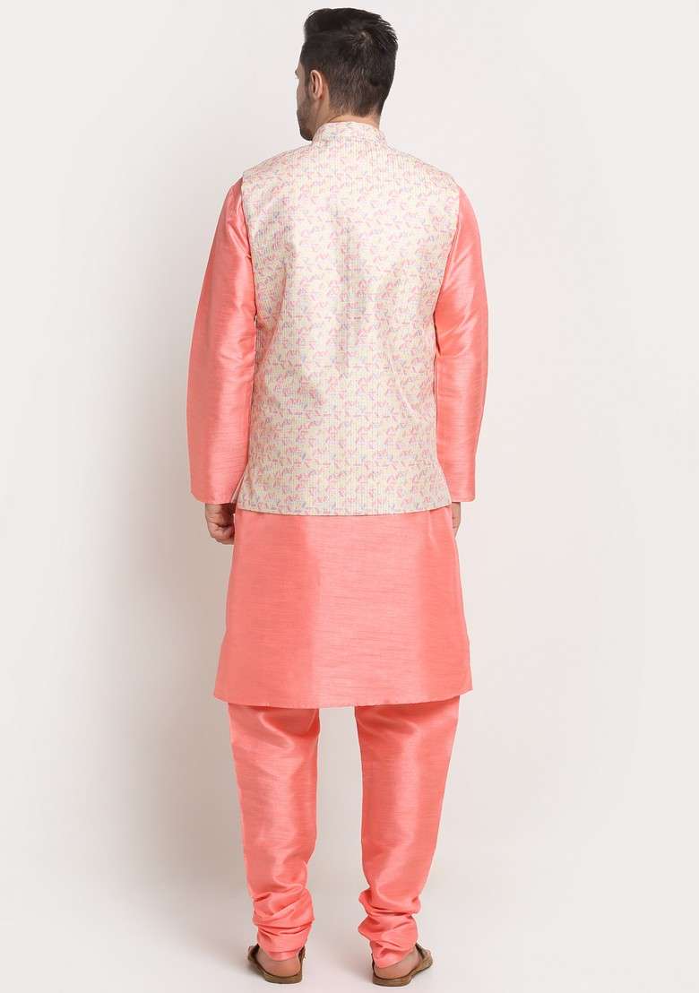 Pink And Yellow Solid Silk Blend Nehru Jacket Set For Men - Indya
