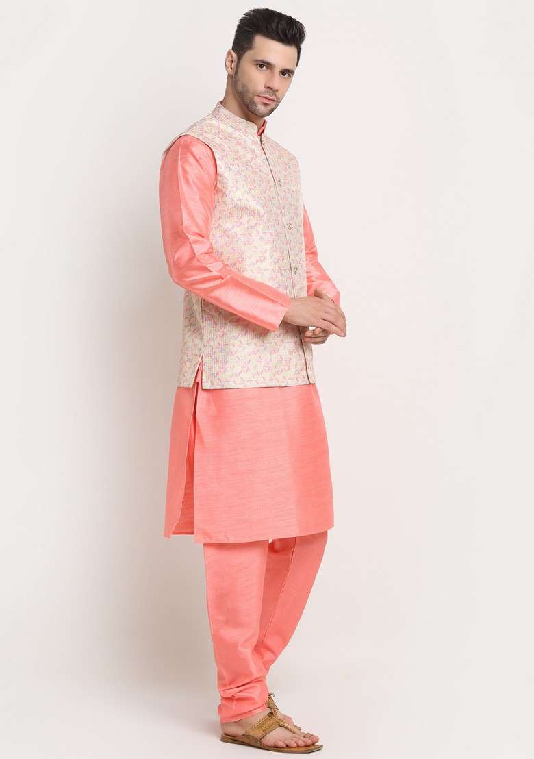 Pink And Yellow Solid Silk Blend Nehru Jacket Set For Men - Indya