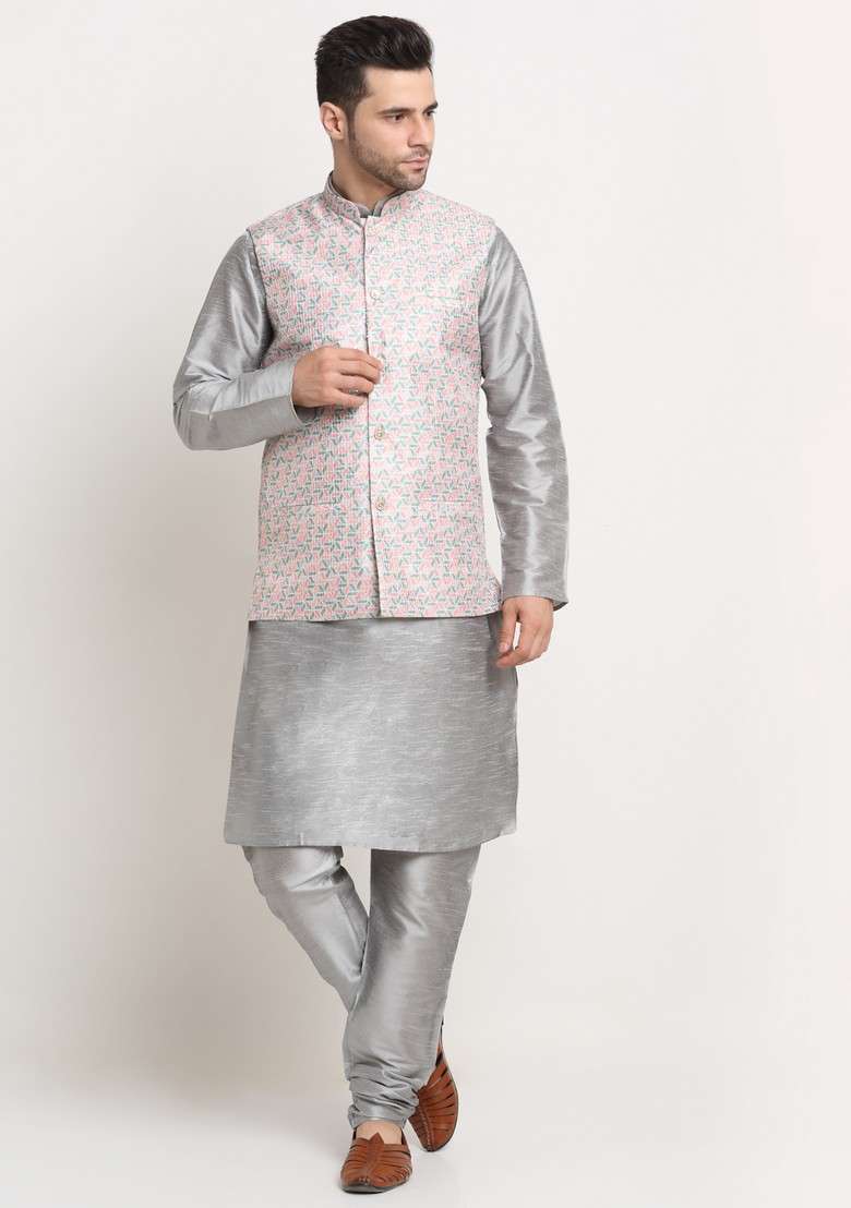 Silver And Green Solid Silk Blend Nehru Jacket Set For Men - Indya