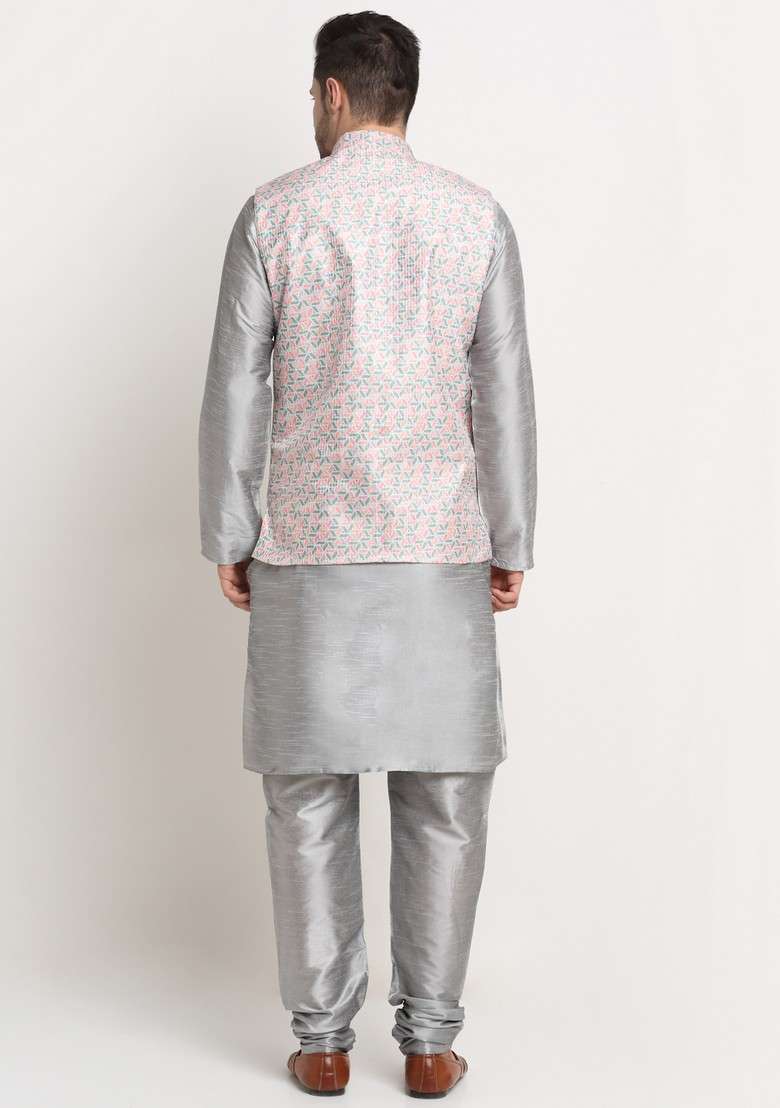 Silver And Green Solid Silk Blend Nehru Jacket Set For Men - Indya
