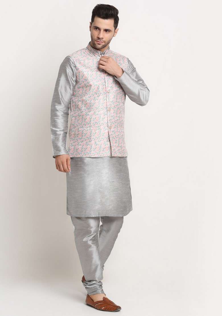 Silver And Green Solid Silk Blend Nehru Jacket Set For Men - Indya