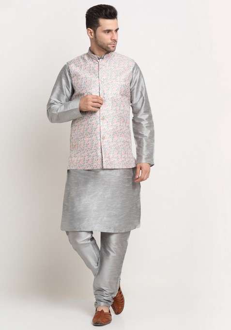 Silver And Green Solid Silk Blend Nehru Jacket Set For Men
