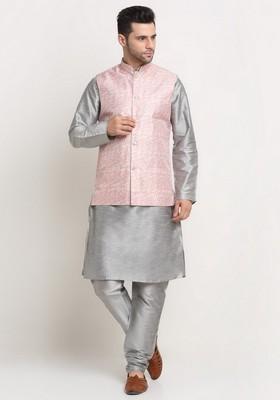 Silver And Pink Solid Silk Blend Nehru Jacket Set For Men