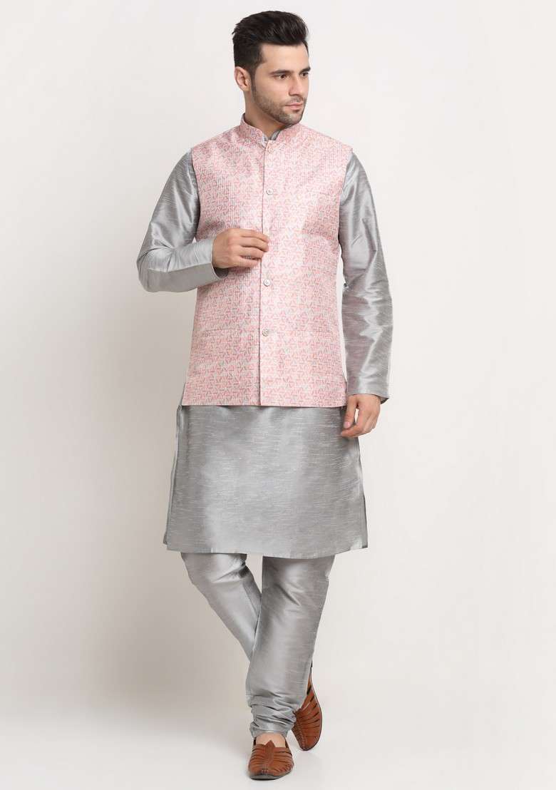 Silver And Pink Solid Silk Blend Nehru Jacket Set For Men - Indya