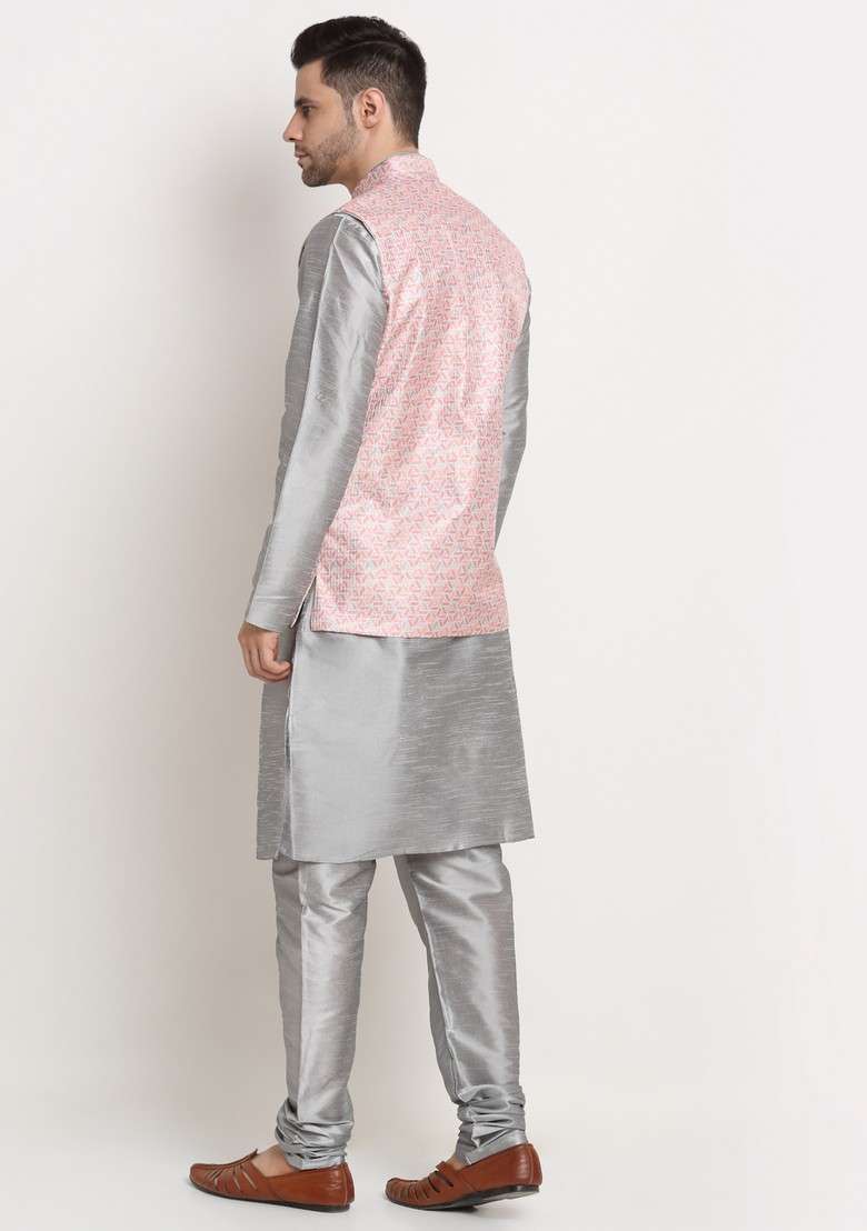 Silver And Pink Solid Silk Blend Nehru Jacket Set For Men - Indya