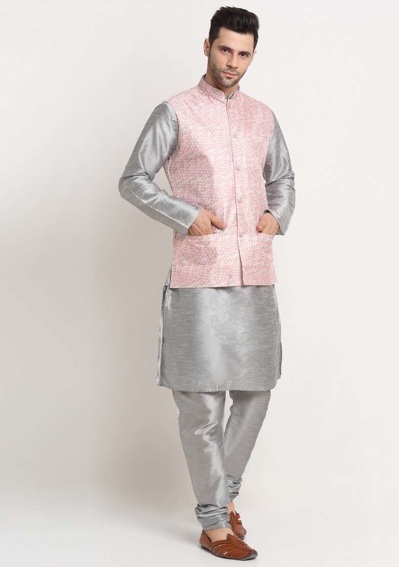 Silver And Pink Solid Silk Blend Nehru Jacket Set For Men - Indya